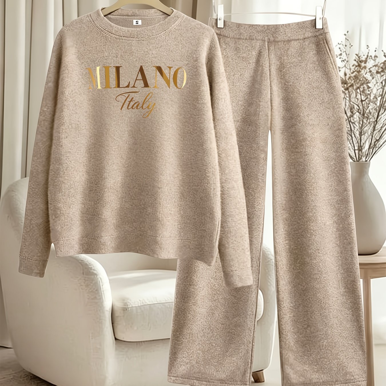 TEMU New Arrival Women's Fall Winter Thick 2pcs Outfit, Printed Loose Crew Neck Pullover Top Straight Leg Pants Set, Fashion Casual Long Sleeve Warm