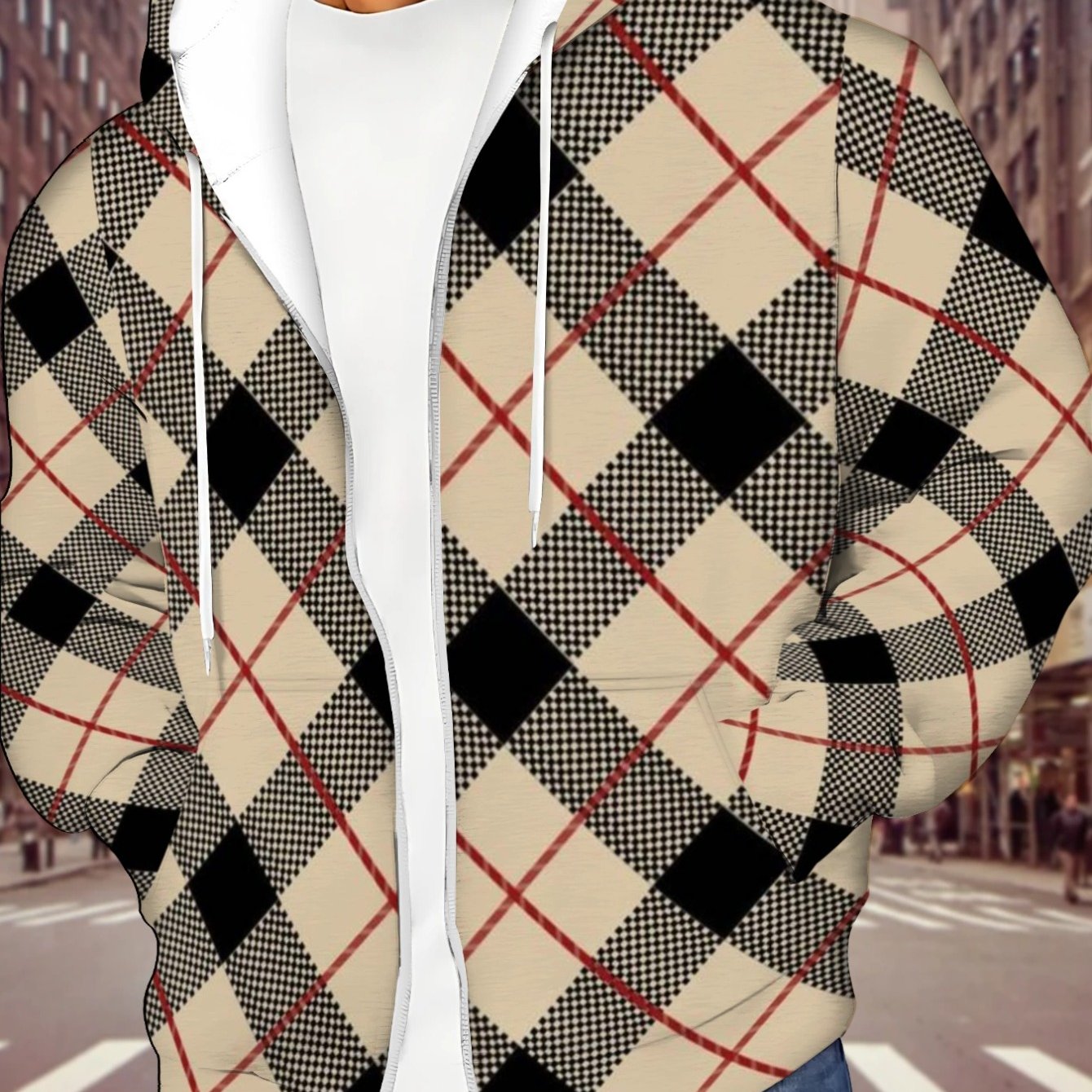 TEMU Men' Full- Plaid Hoodie With Beige/black/red Check Print - Lightweight Zippered Suitable For Outdoor Activities, Casual Wear, Spring & Fall
