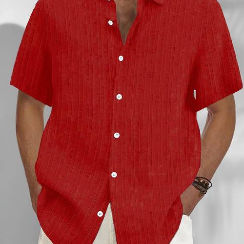 mens royal blue casual button up shirt short sleeve ribbed texture fabric classic collar summer wear machine washable plus size