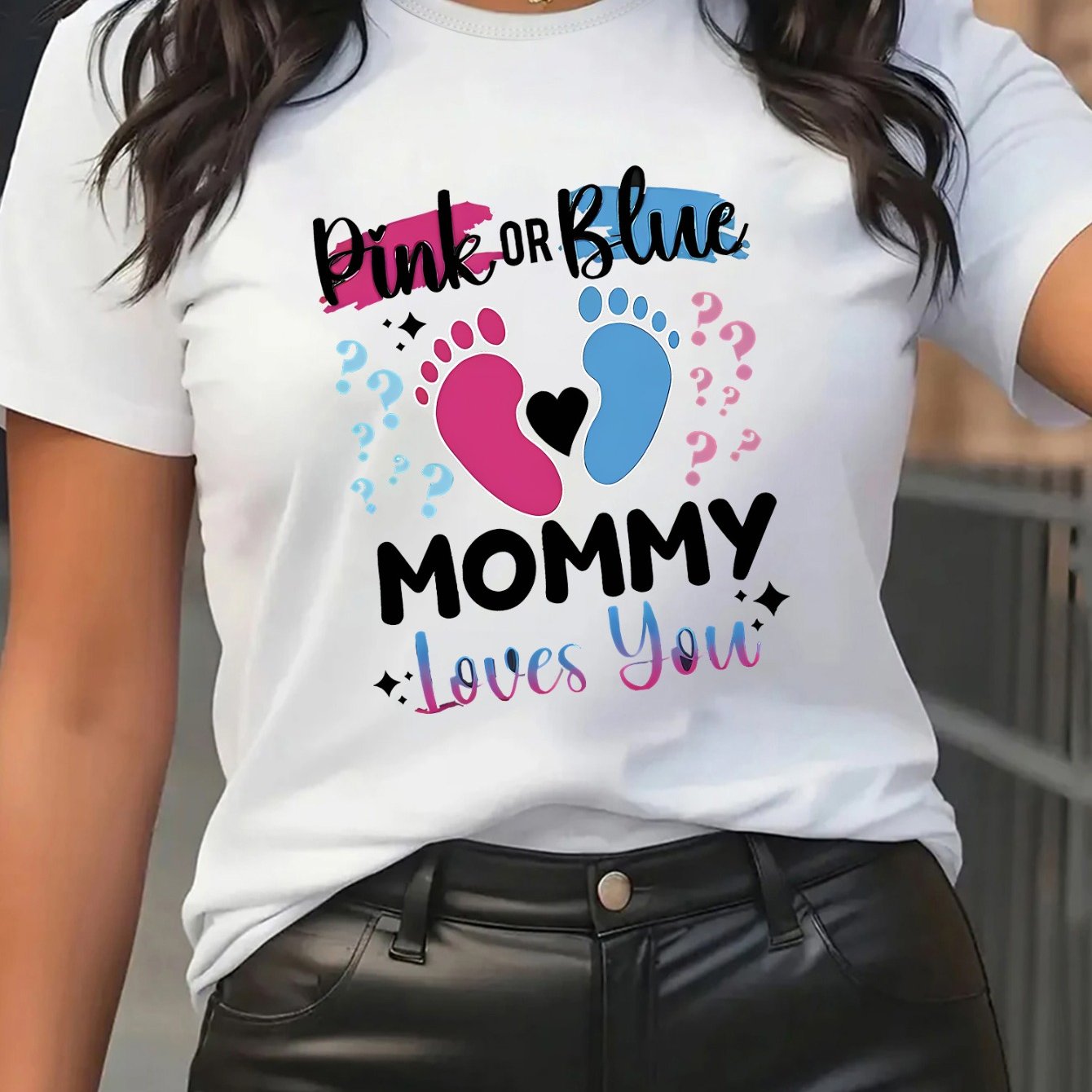 TEMU Women's Casual Sport Short Sleeve T-shirt, Mommy With Footprints And Question Marks, Base, For Everyday Wear