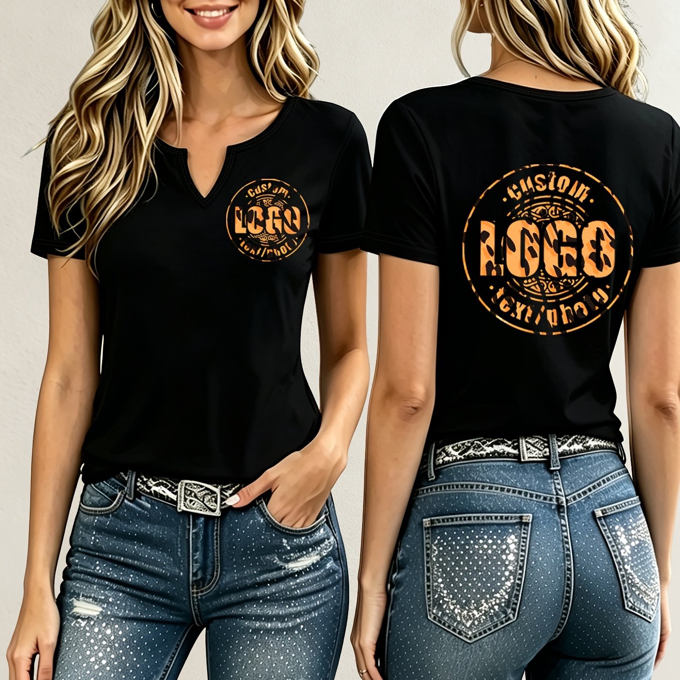 TEMU T-shirt pour femme à manches courtes et col en V, imprimé sur mesure avec votre design. Haut cadeau commémoratif personnalisé pour une tenue