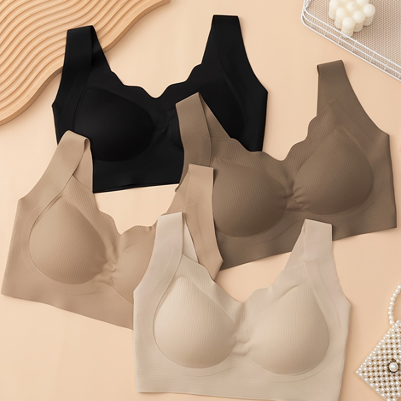 4pcs Full Coverage Adjustable Stick-on Style Solid Color Women's Bra For Large Busts, Minimizing , Anti-sagging