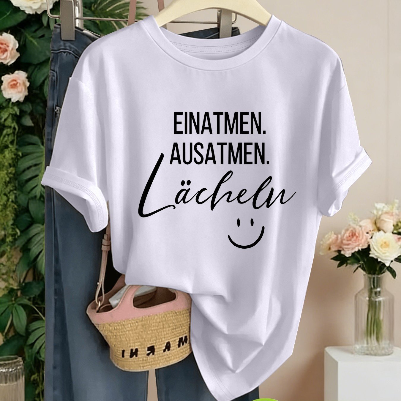 Plus Size - Ladies' Pure Short-sleeved T-shirt, Printed With The German Text ". Breathe Out. Pattern, Soft, Skin-friendly And Breathable, Loose And Fit, Suitable For Daily Commuting, Leisure And Going