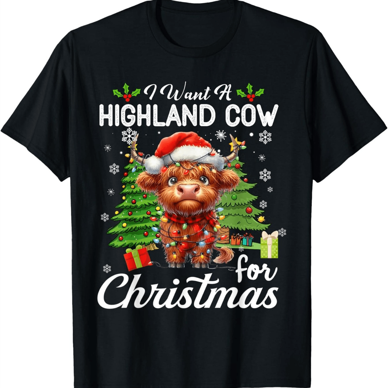 TEMU Plus Size, Men' & Women' Highland Cow Christmas T-shirt - Scottish Cow With Santa Hat & Snowflakes Graphic, Soft Breathable Short Sleeve Shirt