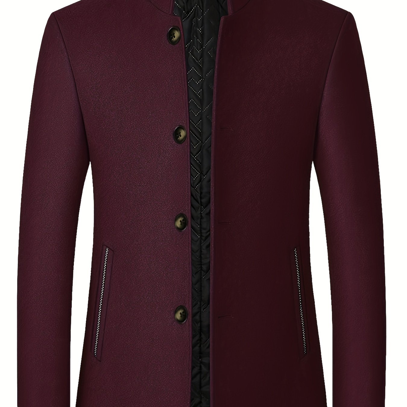 Image of Men's Casual Shirt Jacket - Stand Collar, Button-up, Side Pockets, Long Sleeve Autumn Winter Coat, Black