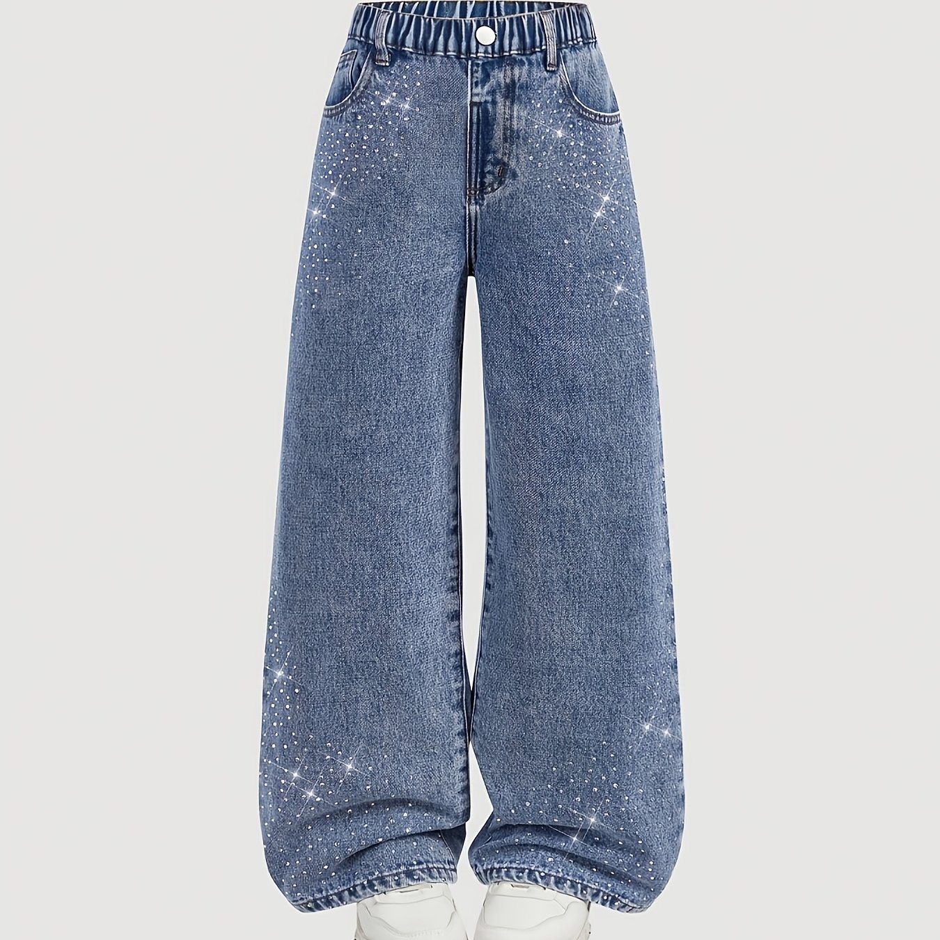 Image of Girls' Denim Wide-leg Pants – A High-waisted Loose-fit Design In Shimmering Blue, Exuding A Trendy And Vibe. Light-blue Washed Jeans, For Little Girls, Feature A High-waist Cut And Ultra-wide-leg