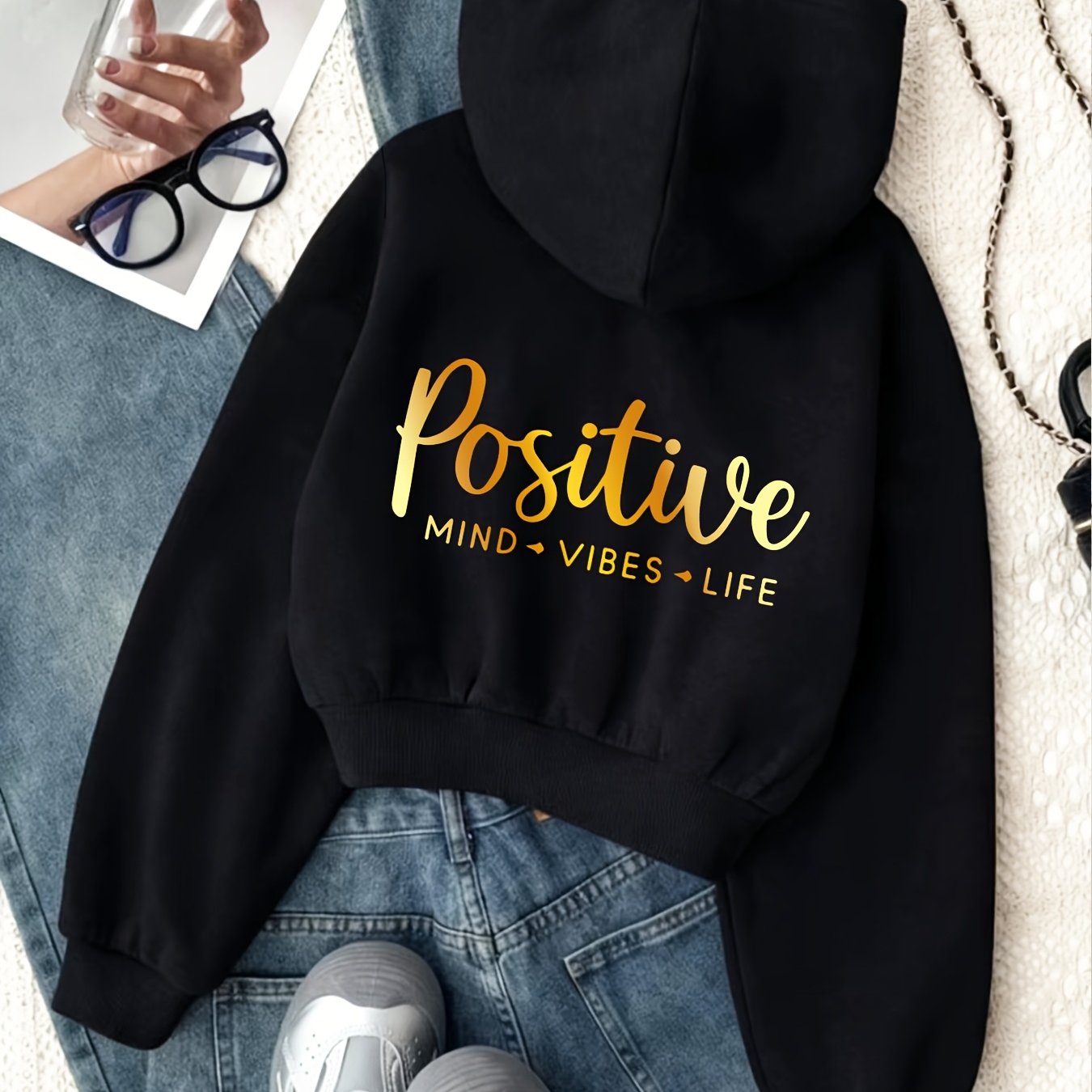 TEMU European And Positive "spiritual Atmosphere " Print Short Zipper Hooded Cardigan Sweatshirt, Women's Zipper Cardigan Top