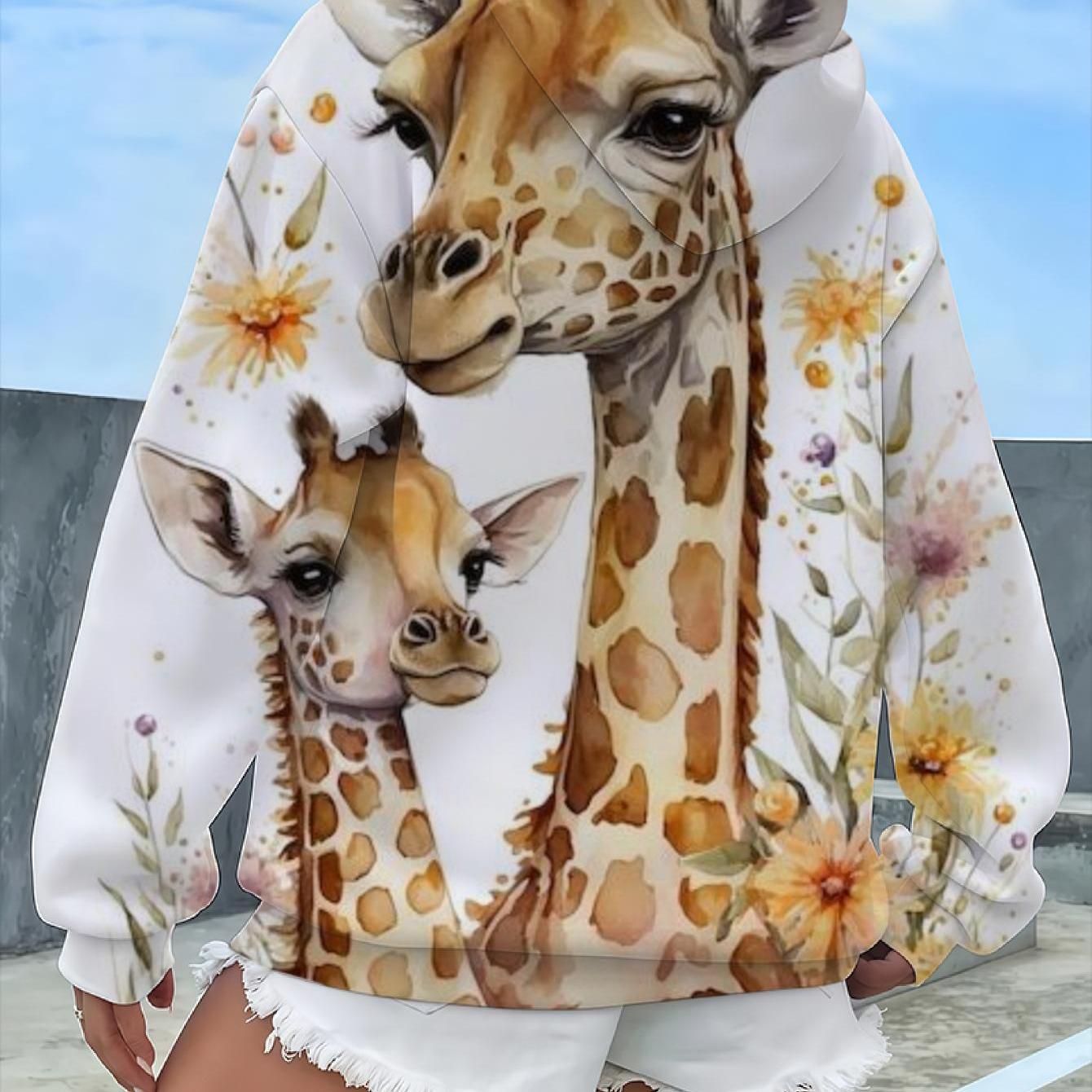 TEMU Plus Size - Plus Size - Giraffe Floral Print Hoodie Sweater - African Animal Pattern Sweatshirt, Long Sleeve Drawstring Hood With Full Giraffe