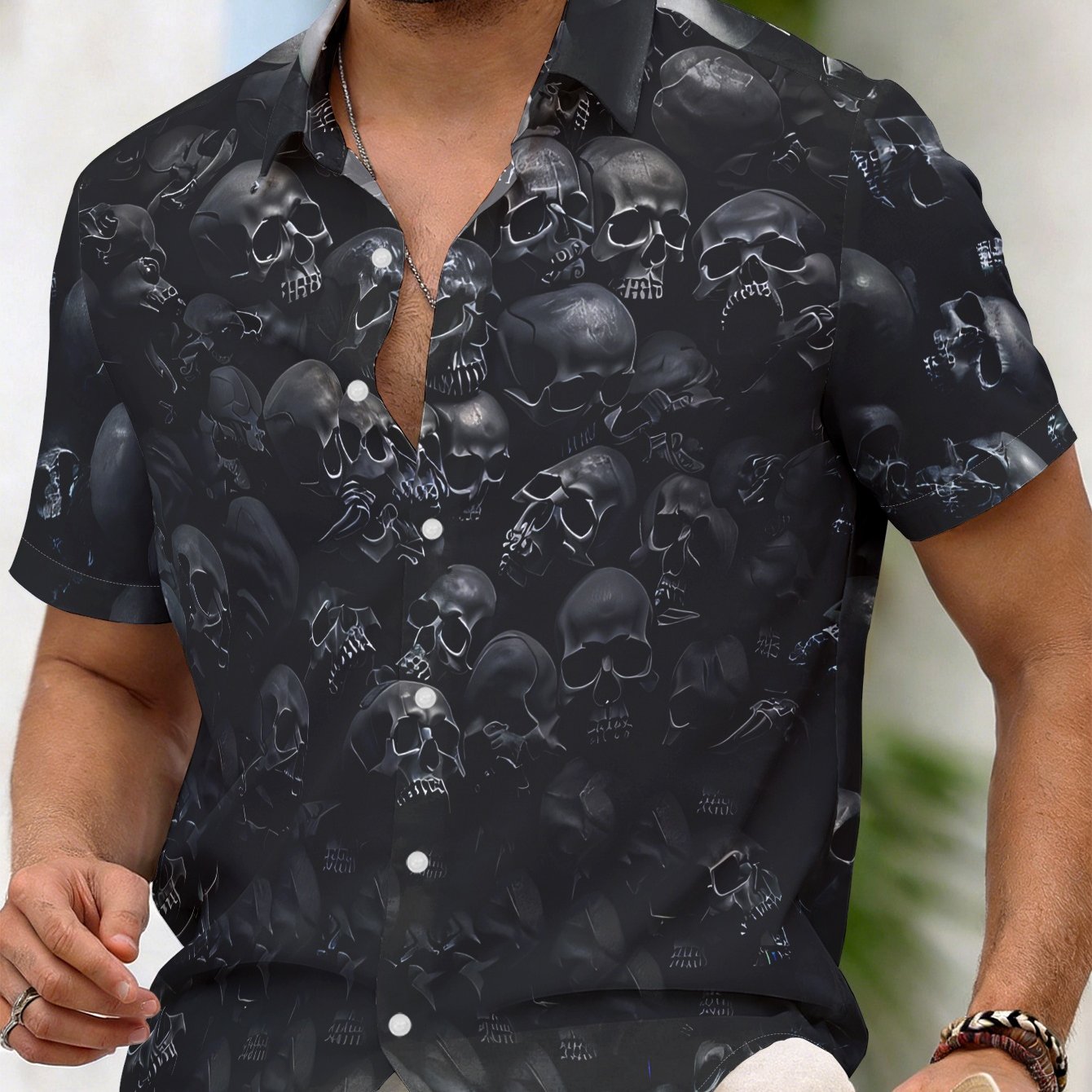 TEMU Men's Short Sleeve Shirt With Dense Skull Arrangement, Overall Ominous Horror Print Hawaiian Button-up Shirt Summer Top