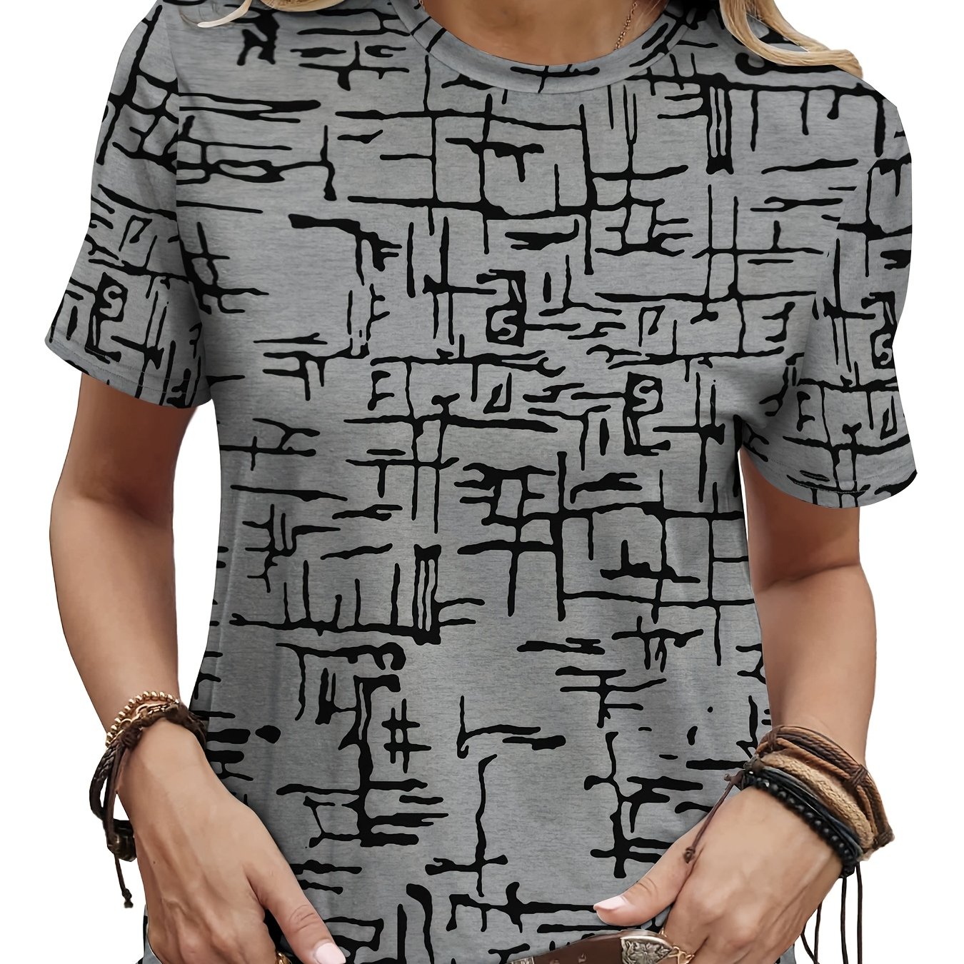 Image of 2d Print Abstract Painting Easy Elegant Vacation Fashion Geometric Patterns Round Neck Short Sleeve T-shirt Casual Leisure Short Sleeve T-shirt New Women's Short Sleeve Top