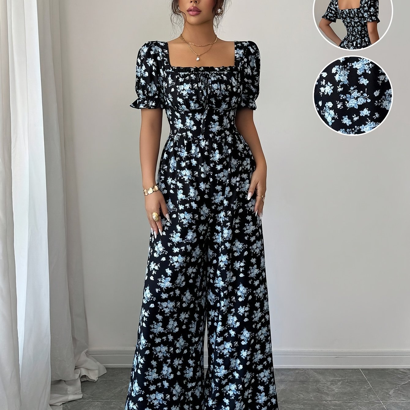 Image of Waist-tie Print Jumpsuit Light Dress Elegant Jumpsuit Wide-leg Print Jumpsuit Long Print Jumpsuit Light Mature Elegant Neck Puff Sleeve Waist Wide-leg Design Dating Afternoon Tea Daily Outing And Tem