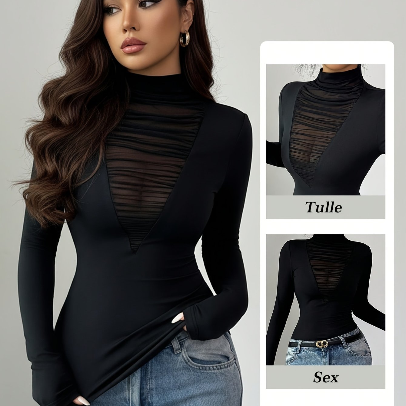 TEMU YH2609024041 Elegantes schwarzes langärmeliges Damen-T-Shirt aus durchsichtigem Mesh-Patchwork, Freizeit-Top mit hohem Stehkragen, schwarzes