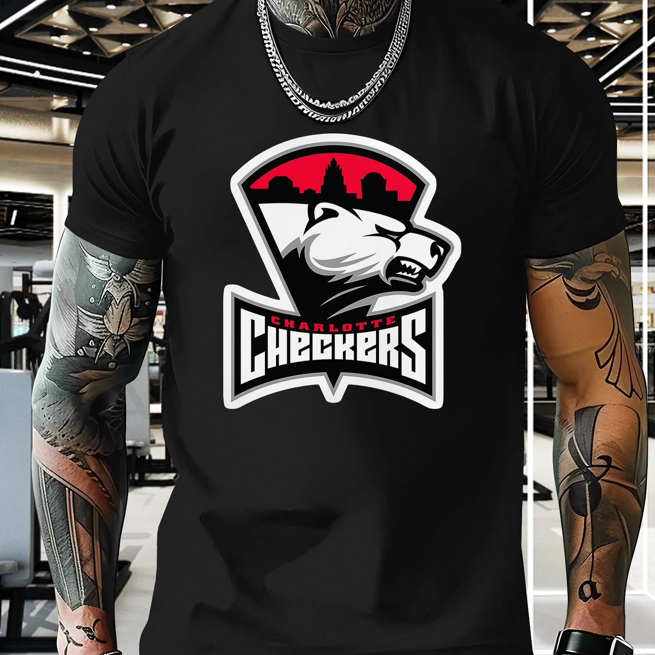 TEMU Checkers Men's Graphic T-shirt - Team Logo Print, Navy Blue Polyester, Regular Fit Casual Summer Tee, Machine Washable For Sports, Travel &