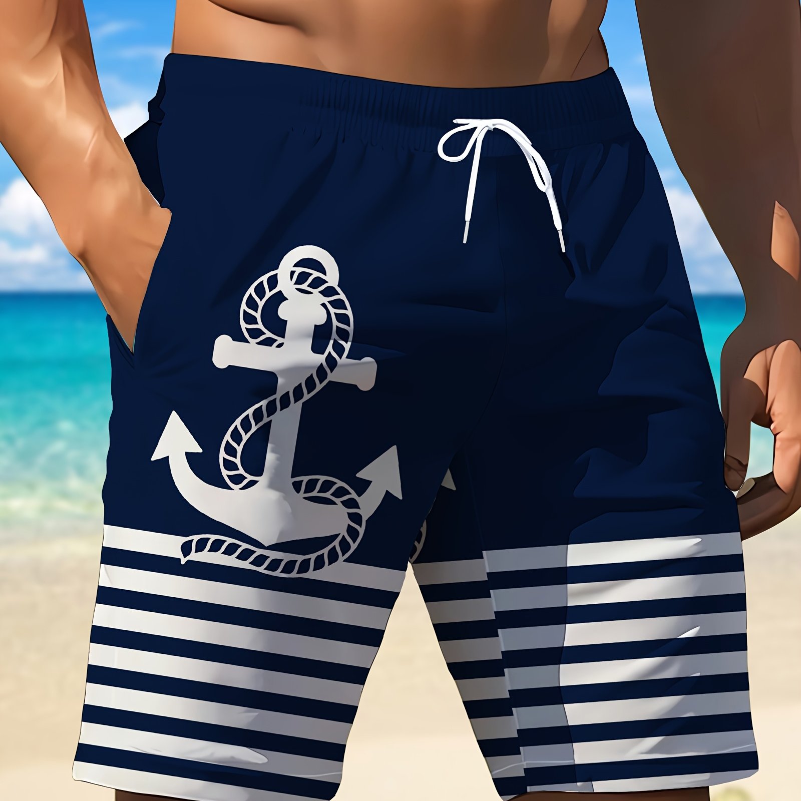 E-shop Herren Strandshorts mit weißem -Anker-Muster, modischer 3D-Anker-Muster-Color-Block-Druck, sommerliche, bequeme, atmungsaktive