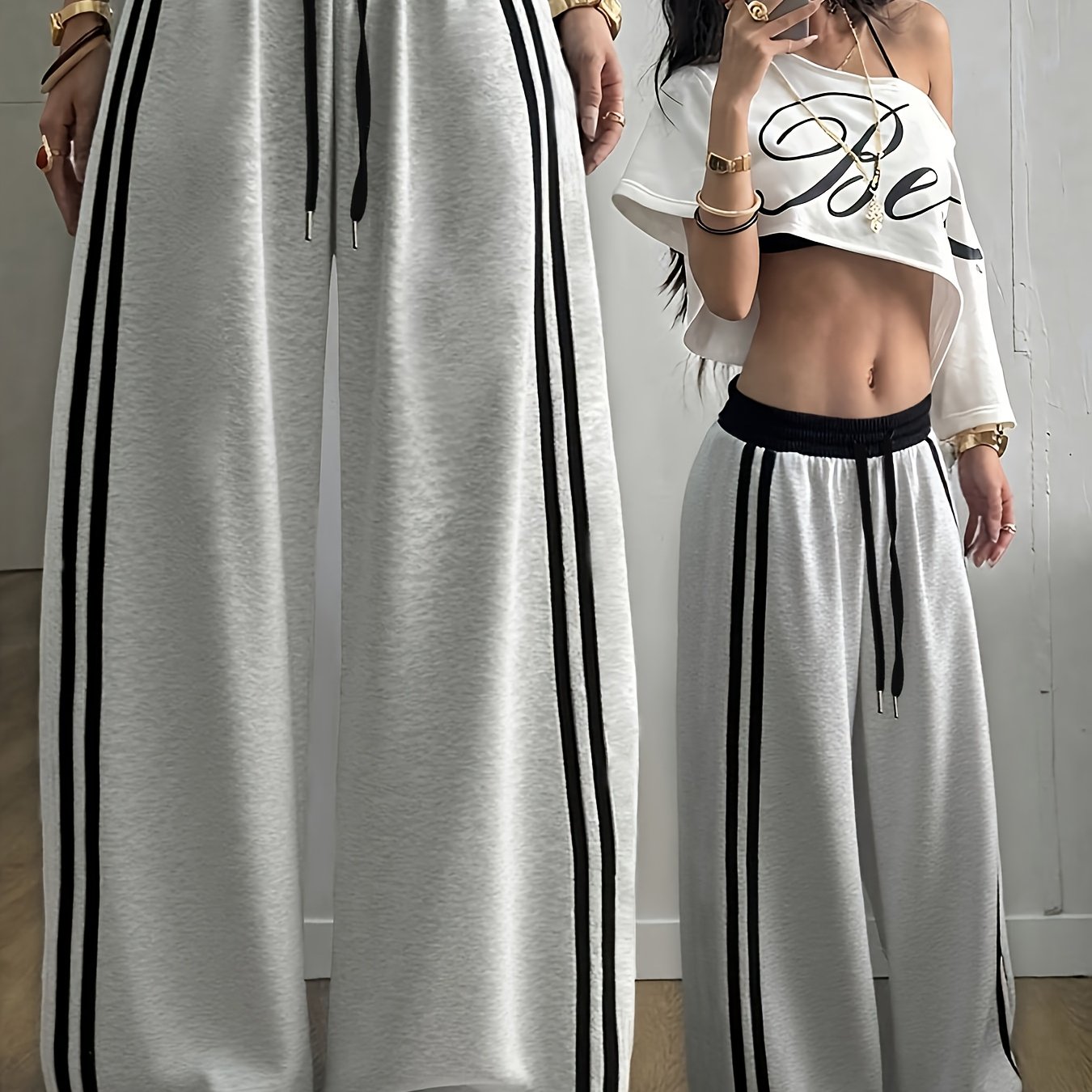 TEMU New Style Versatile Casual Gray Straight-leg Pants For Women With Stripe , Sporty Leisure Trousers