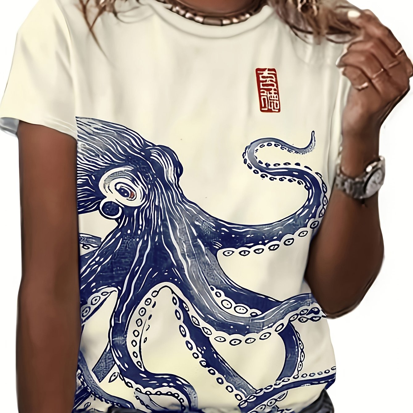 E-shop Neue Damen Frühlings- und Sommerkollektion mit einem künstlerischen Stil mit einem Aquarell-Oktopus-Print, Rundhalsausschnitt, kurzen Ärmeln und