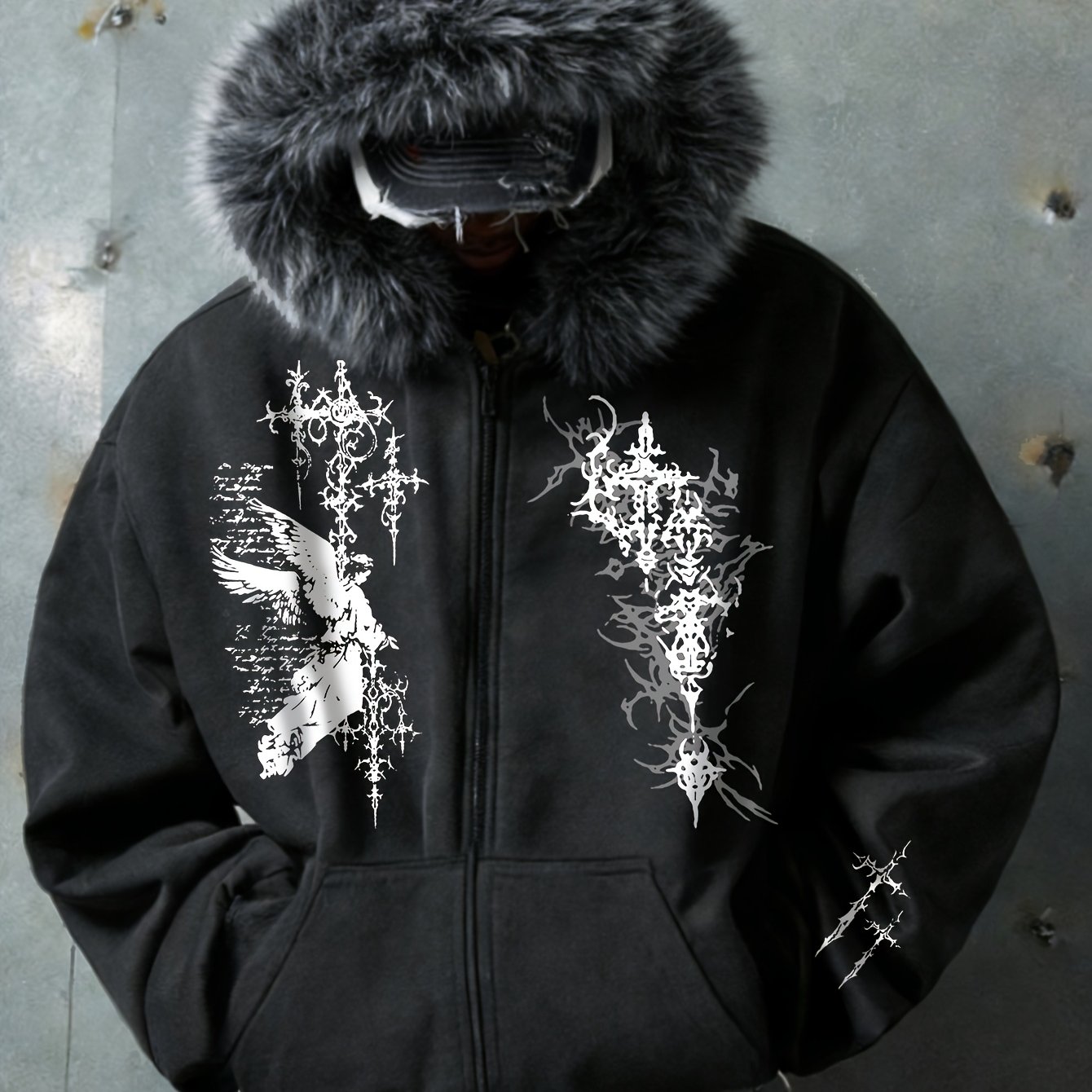 TEMU Men's Hooded Cardigan Jacket With Hood Design, Gothic Thorns , Halloween