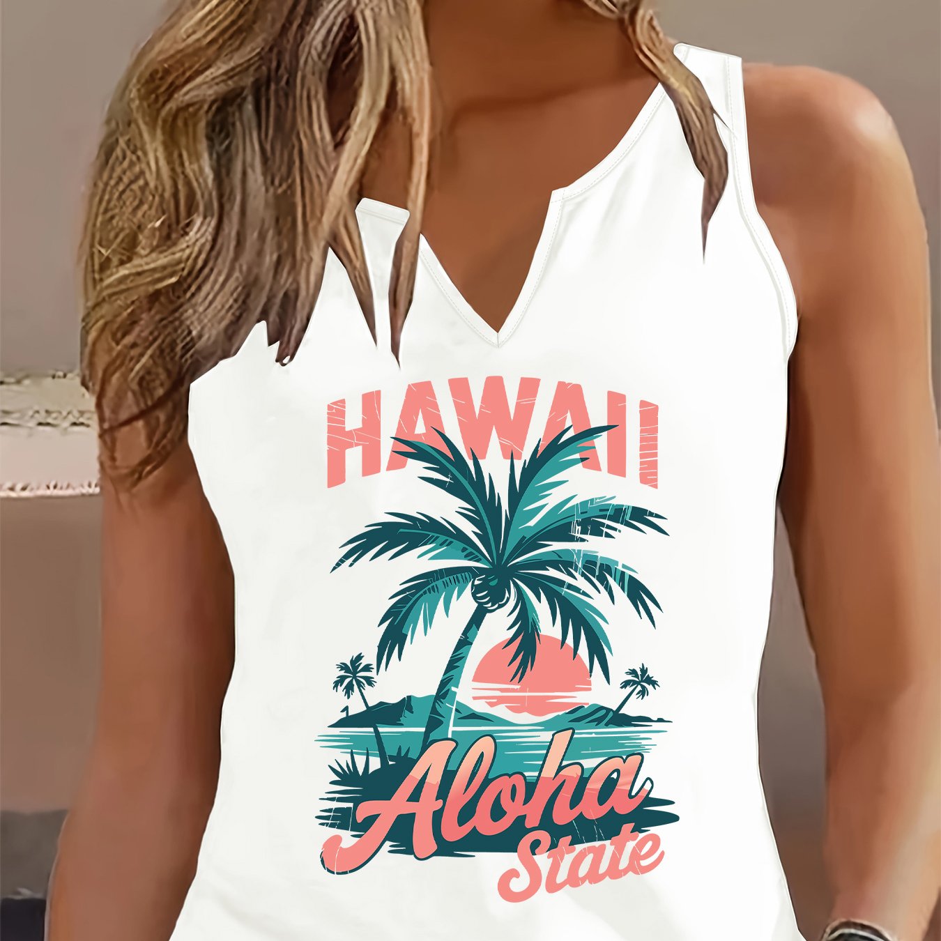TEMU (052#) Women's Fashion Refreshing Tank Top, Tree Print V-neck Sleeveless Vest, Casual Versatile Top