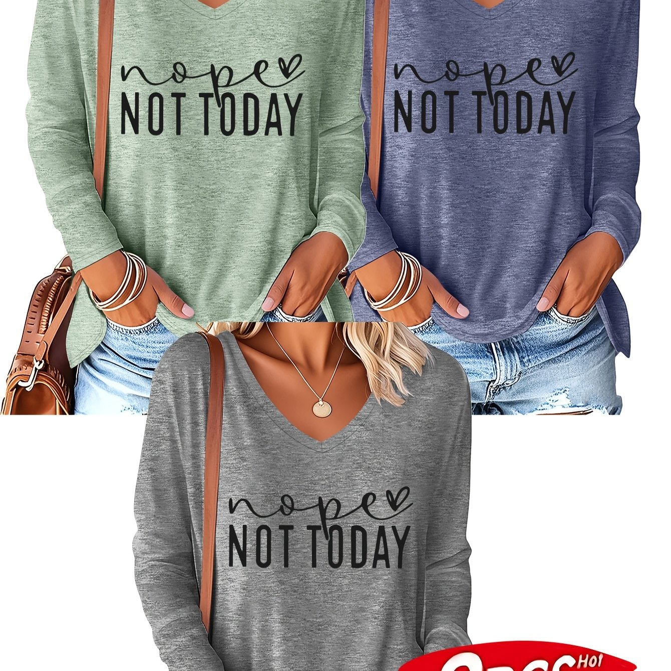 TEMU Plus Size, Versatile T-shirt 3pcs Set, New Autumn/winter Plus Size Women's Fashion Letter And Heart Long Sleeve V-neck T-shirt 3pcs Set, Women's