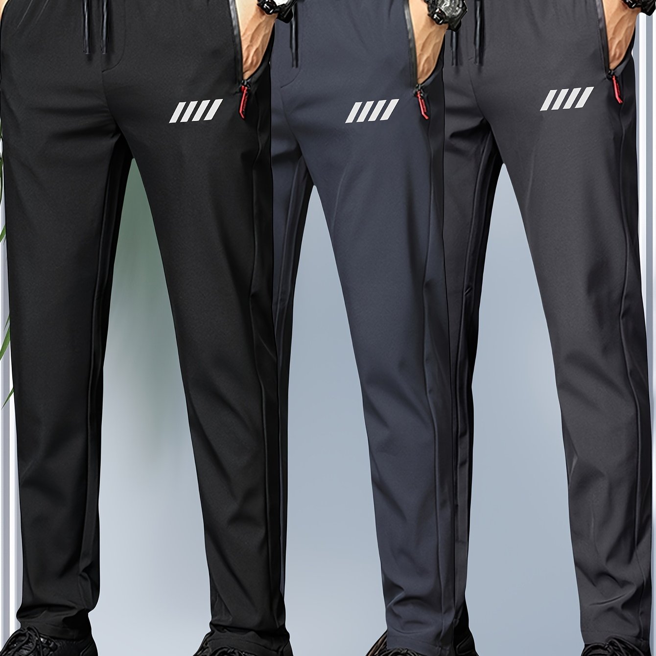 Image of 3pcs Men' Color Lightweight Athletic Casual Pants With Zippered Pockets - Casual And Versatile, Ideal Gift For Men, 100% Polyester, Apparel Suitable For Holiday Gifting