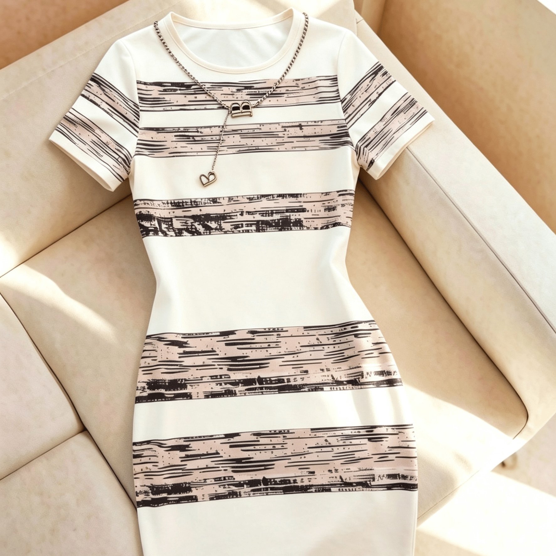 TEMU Women's Fashion Slim-fit Short Sleeve Dress, Summer Round Neck Bodycon -hugging Mini Skirt, Stylish Striped Design, Suitable For , Travel,
