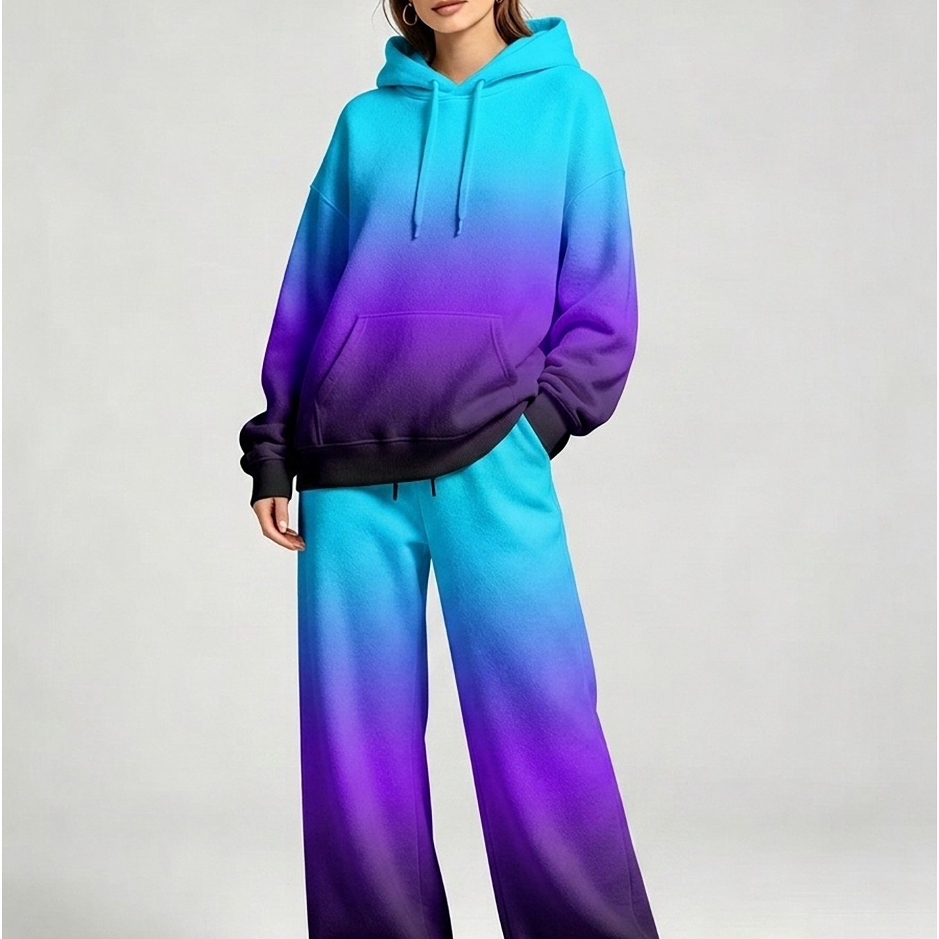 Image of Women's 2pcs Drawstring Hoodie& Pants Set, To Purple To Black Gradient Ombre Solid Fade Print, For , Casual Daily, Y Minimalist Spring Autumn