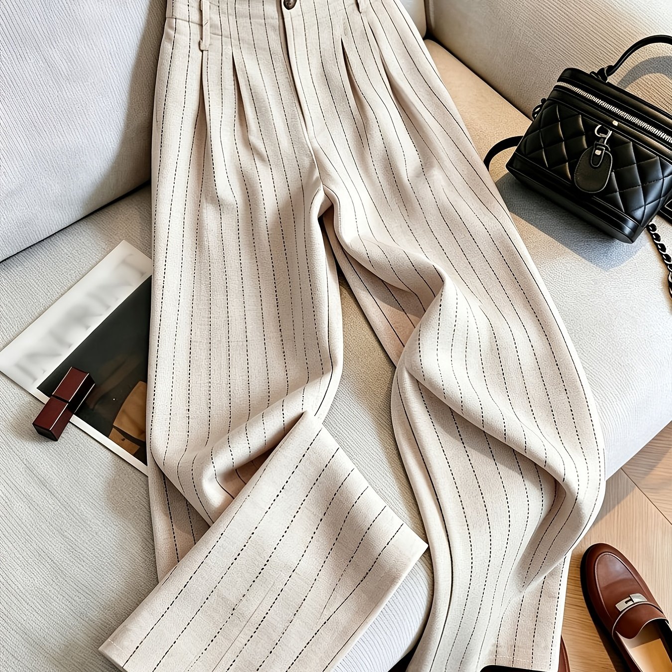 TEMU Spring Summer Women's Fashion Pleated Light Mature Drapey Wrinkle-resistant Printed Fabric Daily Vacation Straight-leg Pants