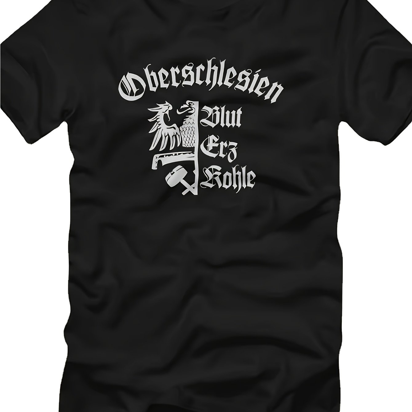 Heavyweight 2024 Premium Men's Short Sleeve T-shirt Oberschlesien Blut Erz Kohle Homeland Eagle Graphic, Black With White Gothic Lettering, Regular Fit Casual Tee For Casual Attire, All