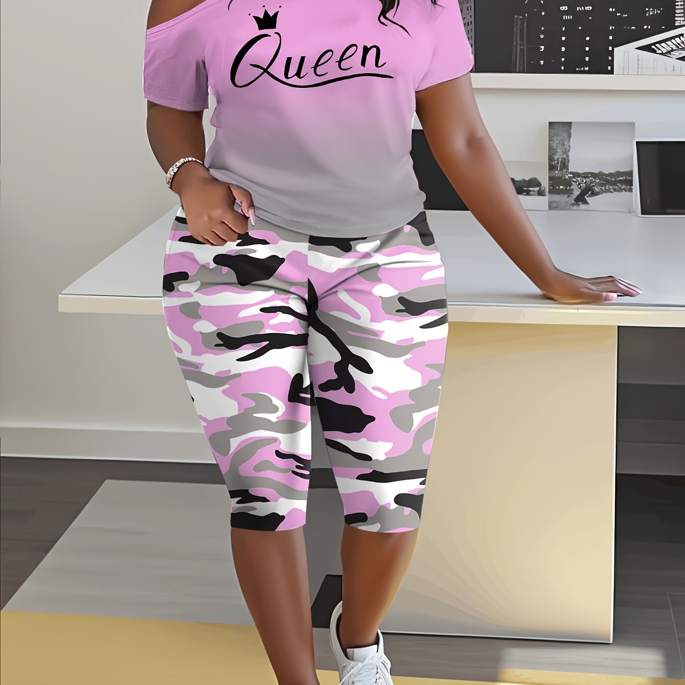 TEMU Plus Size, Women's Plus Size Fashion 2pcs Set, Gradient Suspender Top With Queen Letter Print And Camouflage Capri Pants, Suitable For And Going
