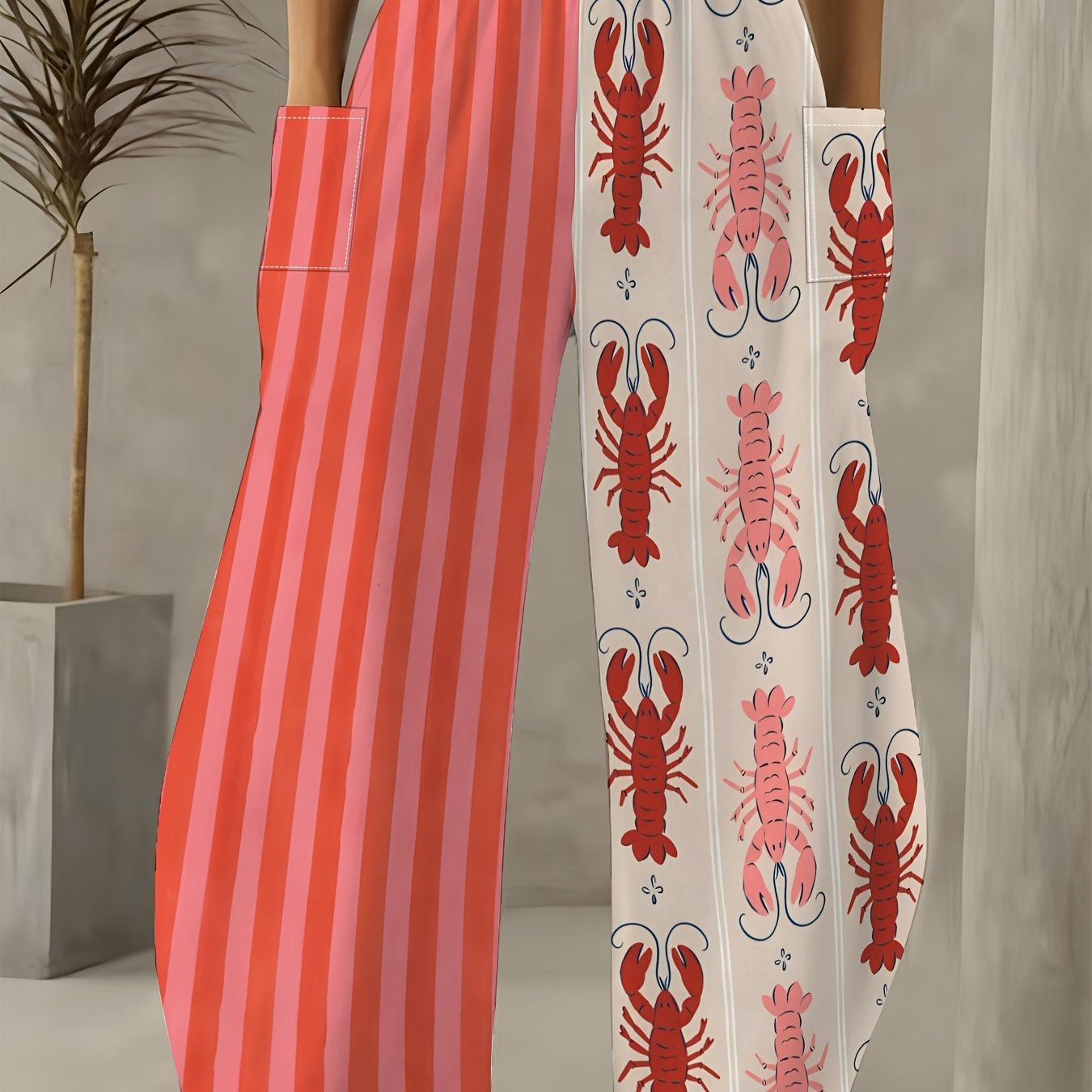 TEMU Plus Size - Plus Size - Women's Casual Wide-leg Pants Feature An Asymmetrical Design, With Showcasing Stripes And With A Lobster Print, A Loose