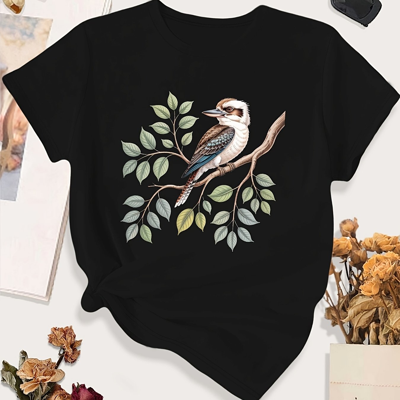 TEMU Large Women's Casual S Featuring A On A Branch Premium Breathable Ladies-unisex Holiday Gift Casual Outing 2026 New Style T-shirt 180g