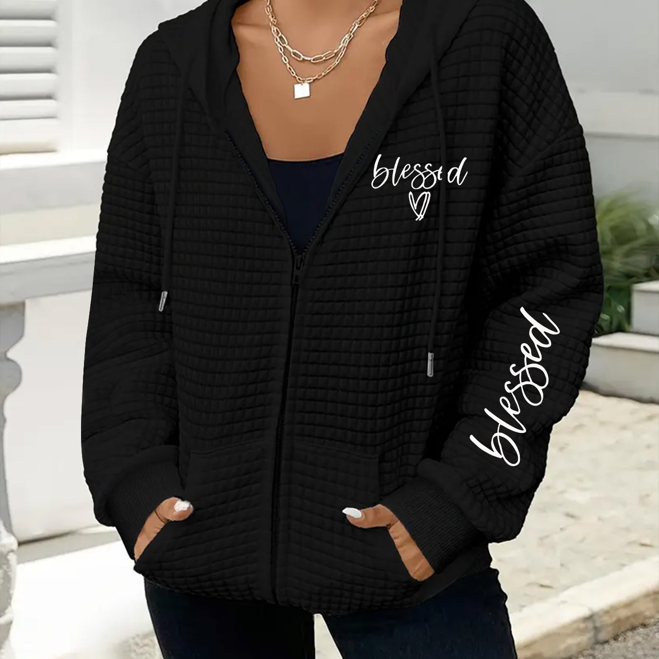 TEMU Plus Size, New Hot-selling Plus Size Women's Hooded Jacket, Plus Size Women's Fashion Waffle Hooded Sweatshirt Coat, Hoodie With Pockets, Casual