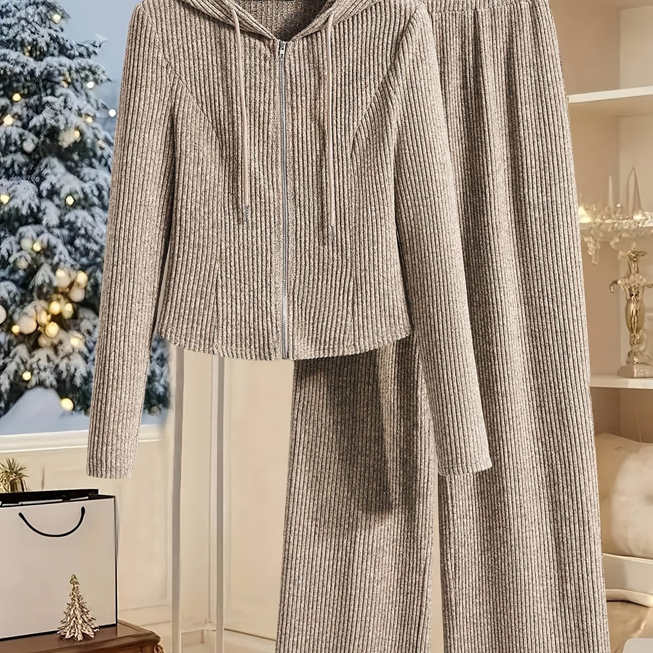 TEMU Ensemble 2 pièces pour femme : haut zippé à capuche et manches longues en côtes de couleur unie et pantalon long à jambes larges
