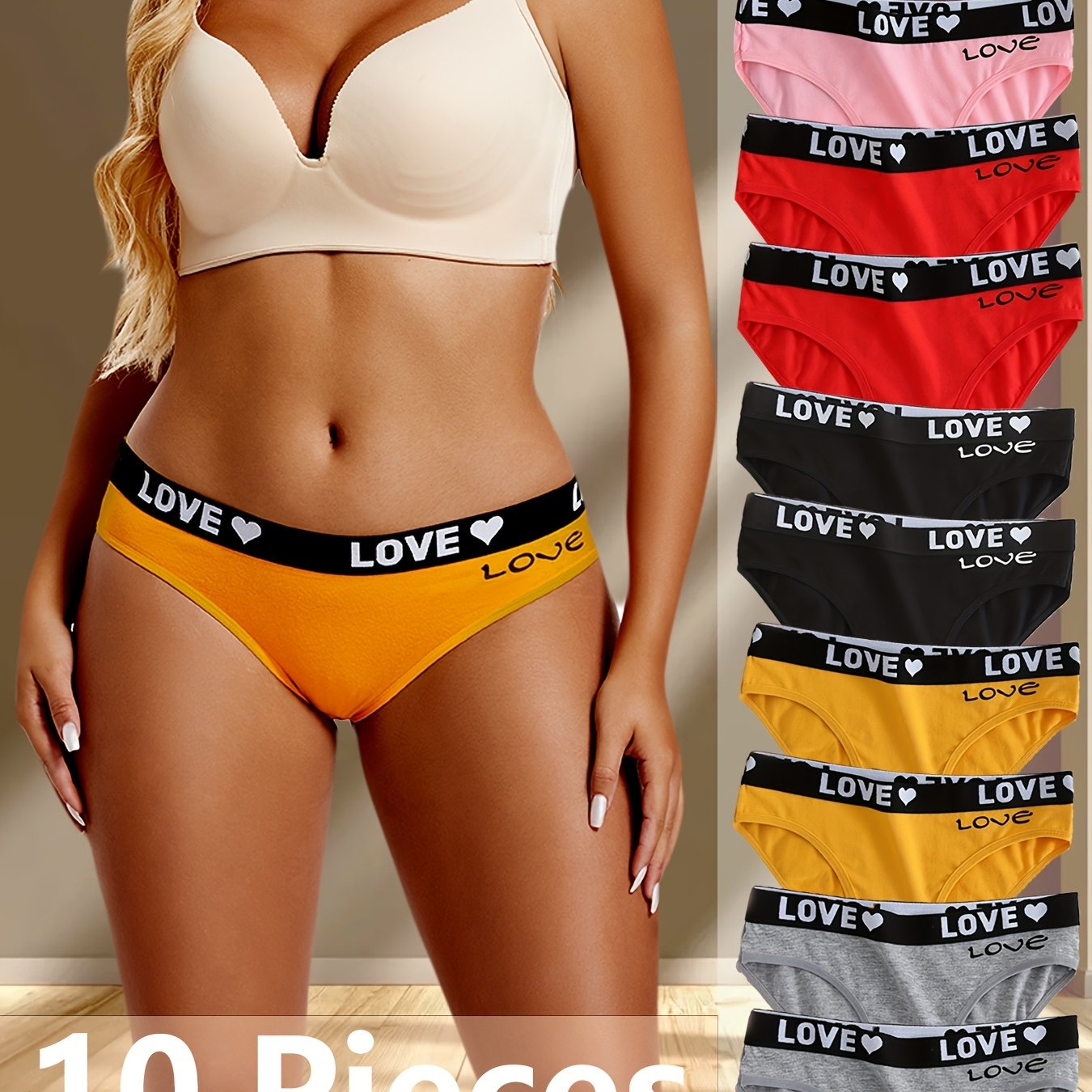 Image of Set Of 10 Heart Letter Printed Sexy Panties, Cute And Comfortable Women's Briefs