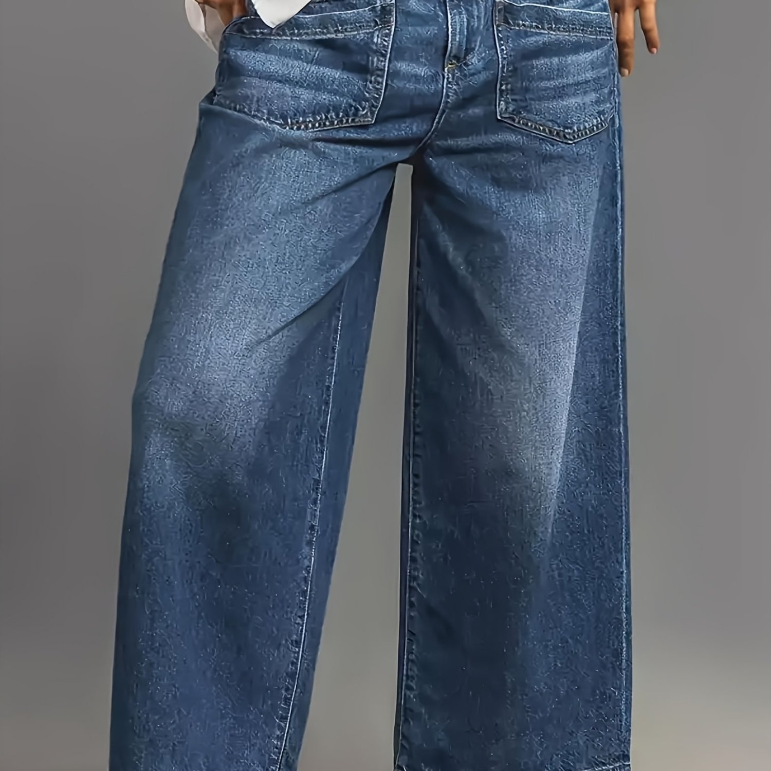 TEMU 1pc Blue Women's Plus Size Loose Fit, Versatile Multi-pocket Washed Denim Wide-leg Stretch Denim Jeans