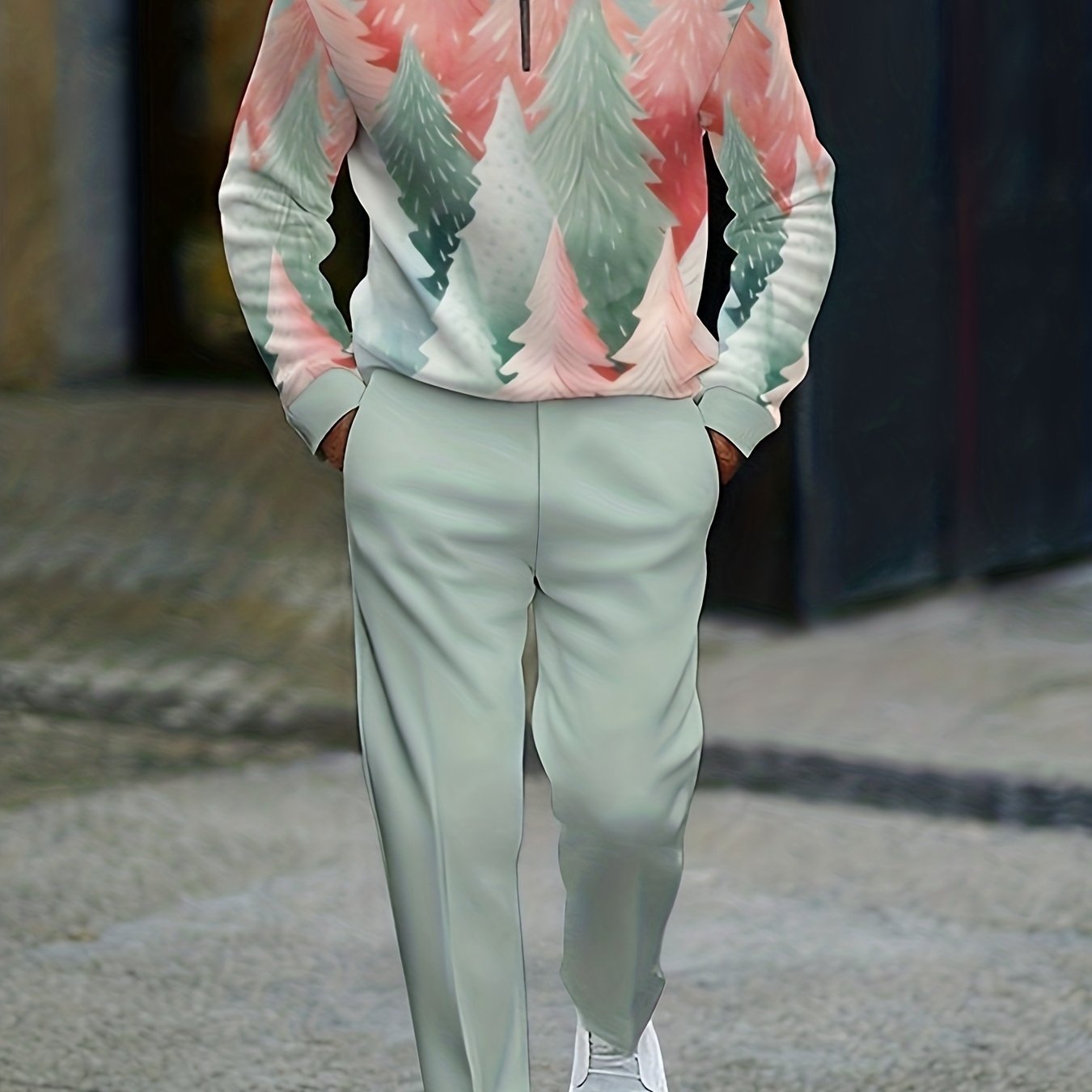 Image of 2pcs Men's Christmas Sweater & Pants Matching Suit - Pink-green Gradient Half-zip Sweaters With Light Print Pants, Outfit For , New Year's, Holiday Attire (regular Fit) - Coordinated Dress Set