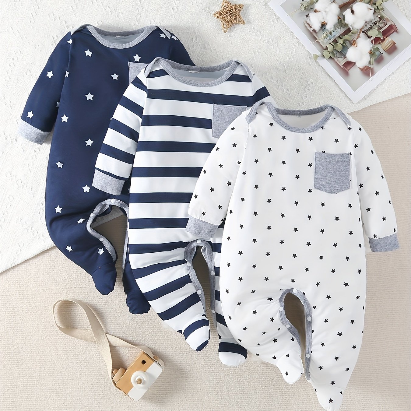 Baby Boys Star Printed Footed Bodysuit 3pcs Set, For Outdoor