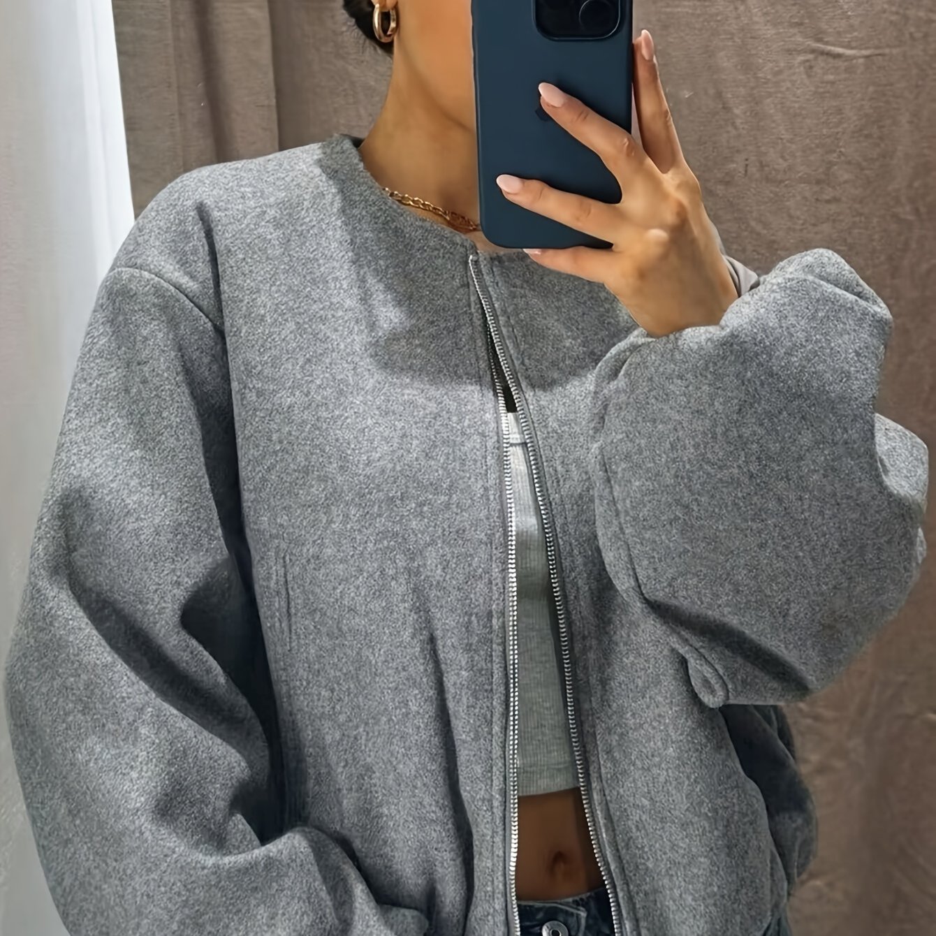 E-shop Damenmode Rundhals Laterne Langarm Reißverschluss Jacke Mantel