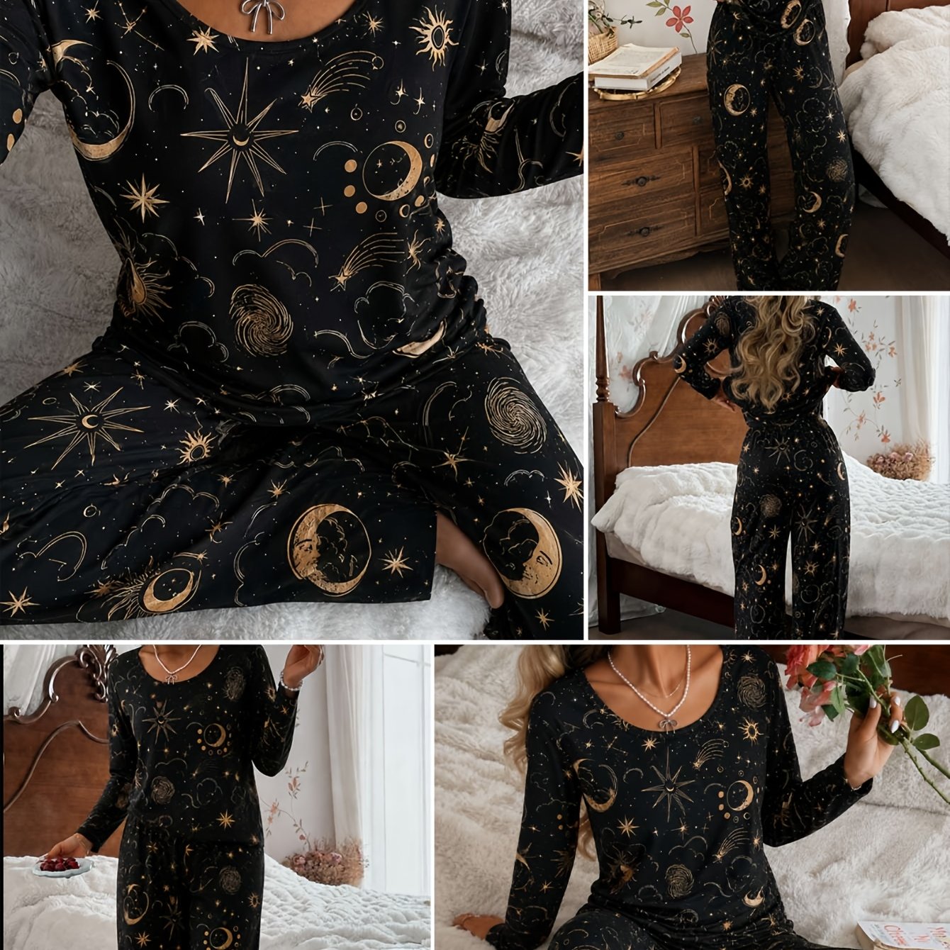 TEMU Women's 2pcs Pajama Loungewear Set, Spring Summer Autumn Casual Sleepwear Set, Comfortable Pajama Home Set, Comfortable For Home Use, Starry Sky