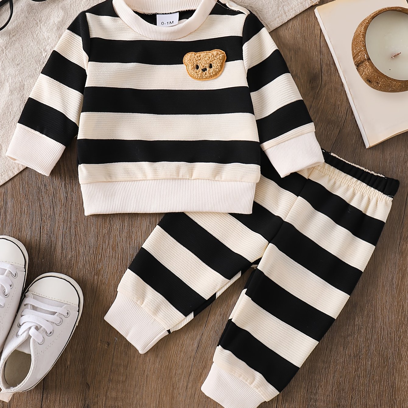 Image of Baby Girl And Baby Boy Cute Casual Bear Pattern Striped Round Neck Top + Striped Pants 2pcs Set P102225, For Outdoor