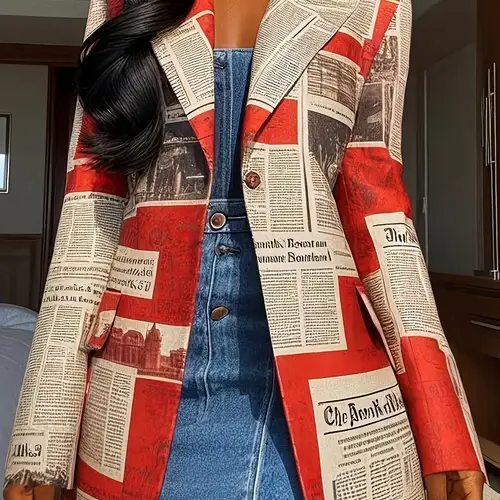 womens new long sleeve loose button newspaper print pocket notch neck office commuter