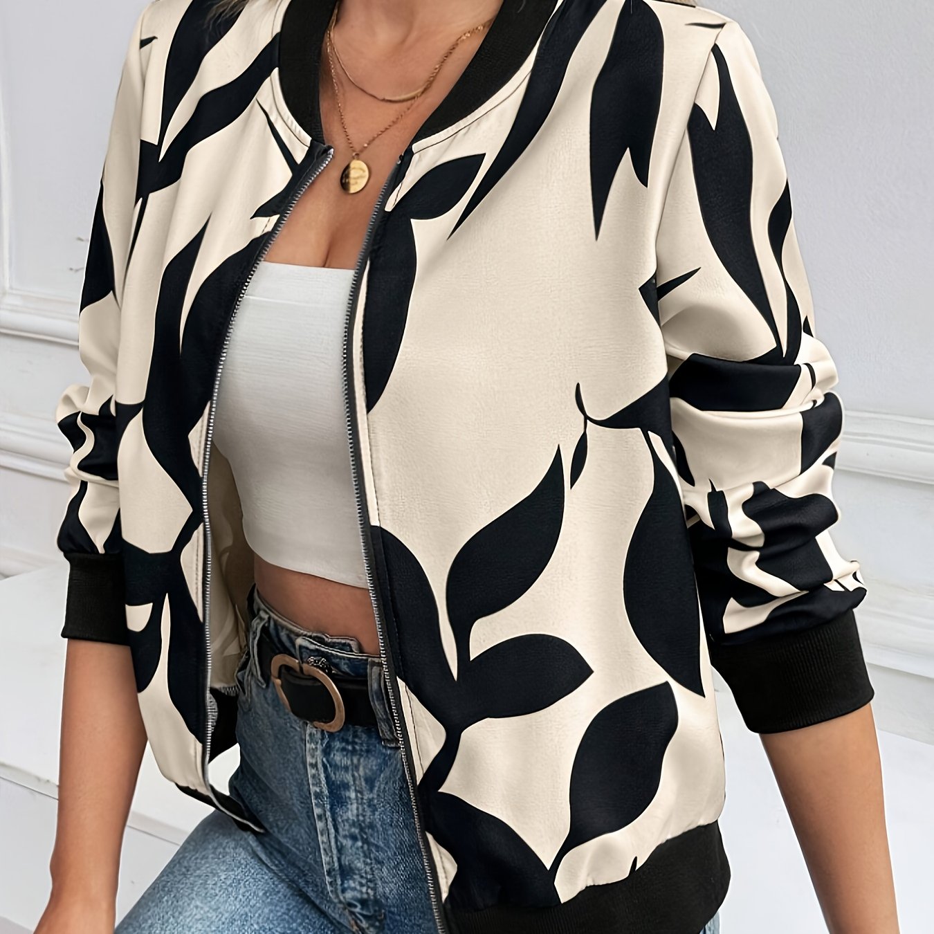 E-shop Damen Baseballkragen Jacke mit Druck, Reißverschluss, Langarm, Einfach Elegant Casual Oberteil