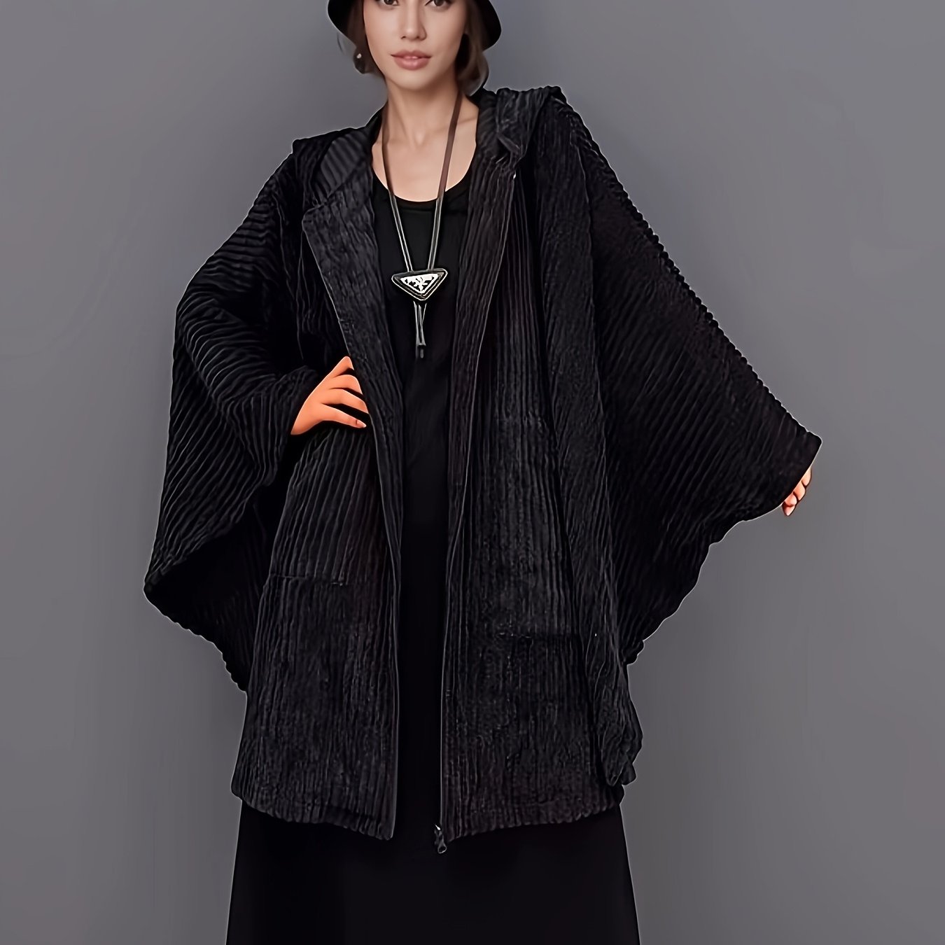 TEMU Women's Spring/autumn New Style, Fashionable Trendy Hooded Corduroy Batwing Sweater Cloak Mid-length Coat