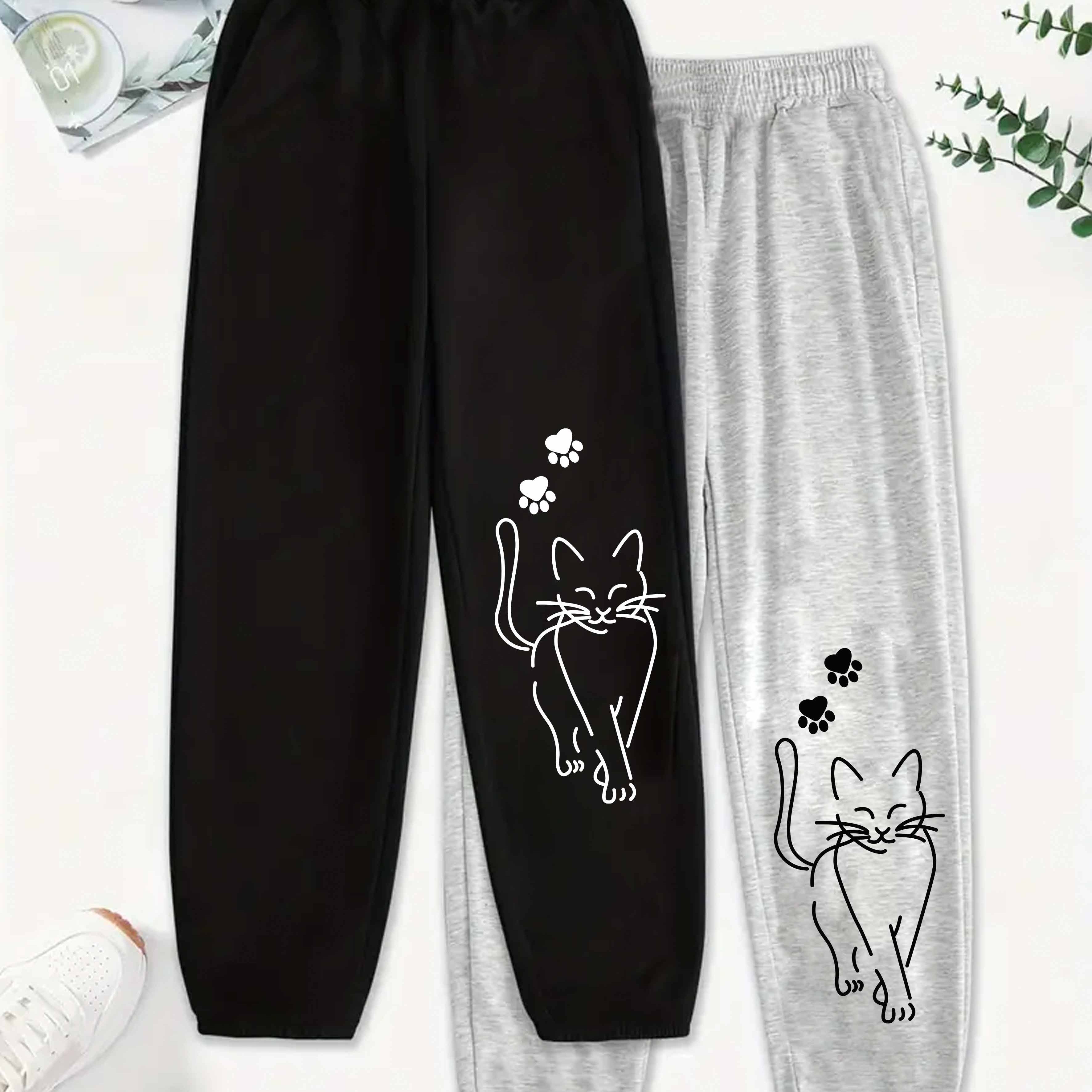 Image of 2pcs Set, Cat Series Style Arrives! Easy Line Cat Pants, Comfortable For Outdoor Wear And ! Black And White Cat Print Sweatpants, Lazy And Fashionable, Cat Owners' ! Cute Cat Paw Pants
