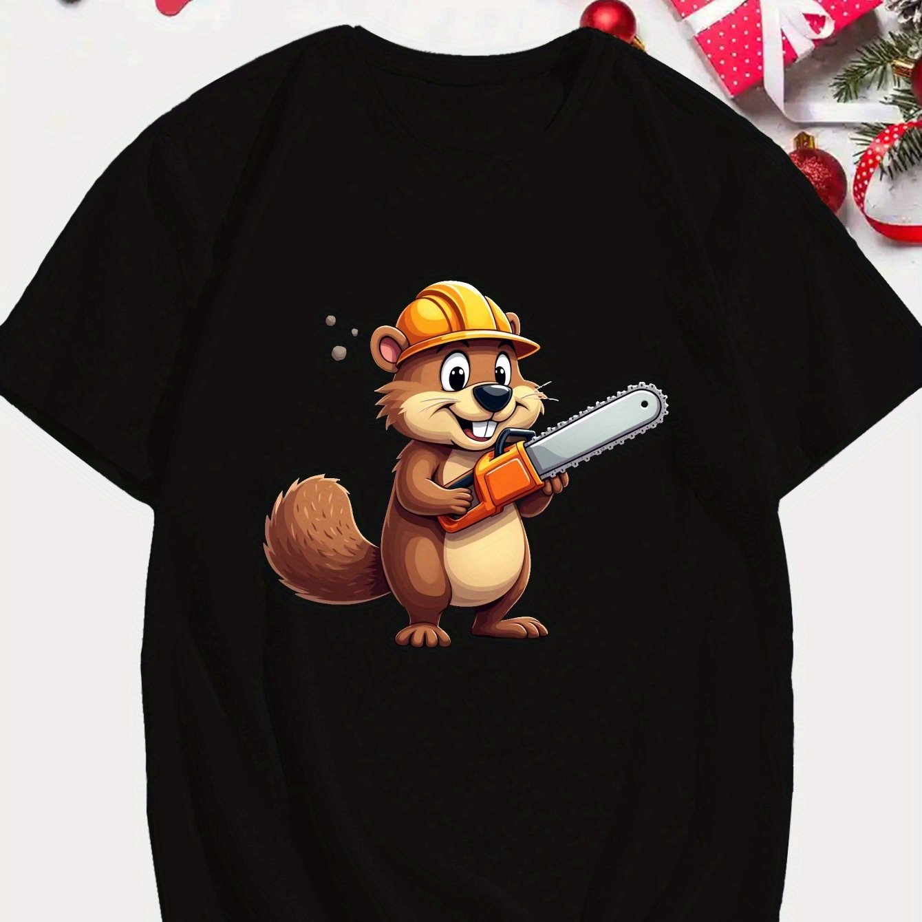 TEMU Animated Beaver With Chainsaw Print Tee Shirt, Tees For Men, Casual Short Sleeve T-shirt For Summer