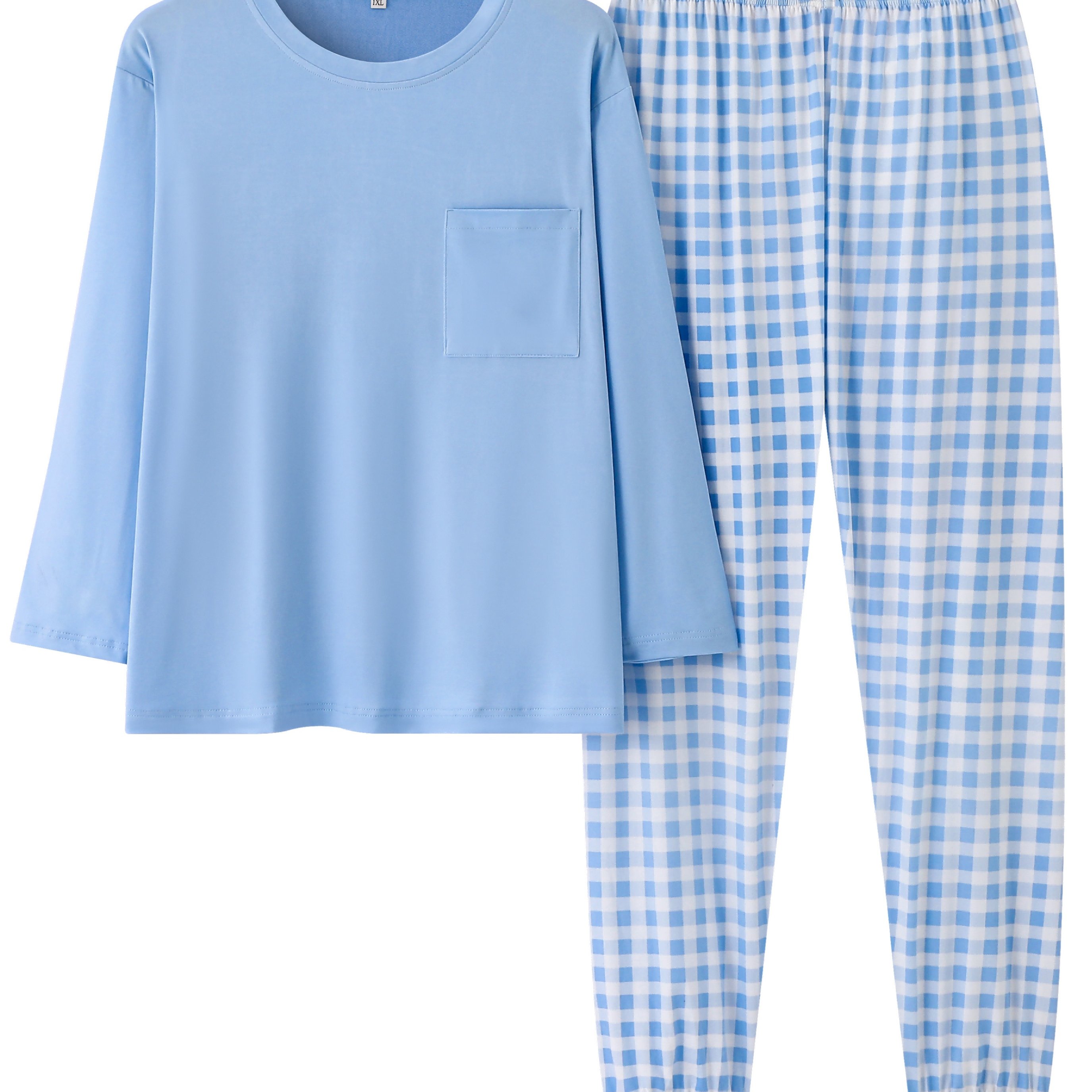 TEMU Plus Size Casual Pajamas Set, Women's Solid Long Sleeve Tee & Plaid Pants Comfort Loungewear 2pcs Set, Women Plus Size 2 Piece Set