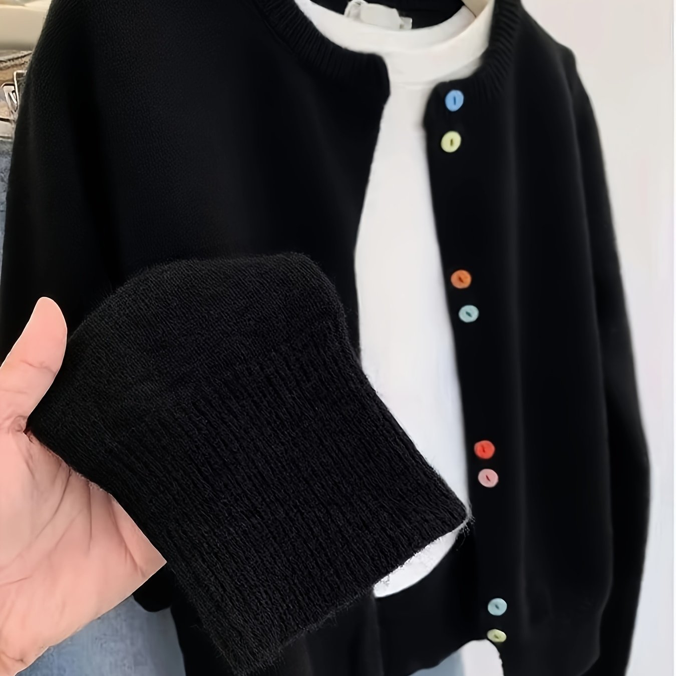 TEMU Black Sweater Multicolor Button Top Women's Round Neck Cardigan