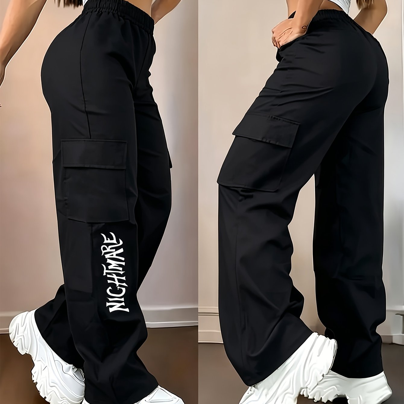 TEMU Y2k Women's Casual Fashion Cargo Pants, Street Style Loose-fit Wide Pocket Elastic Waist Straight-leg Breathable Cargo Trousers, Multiple Colors