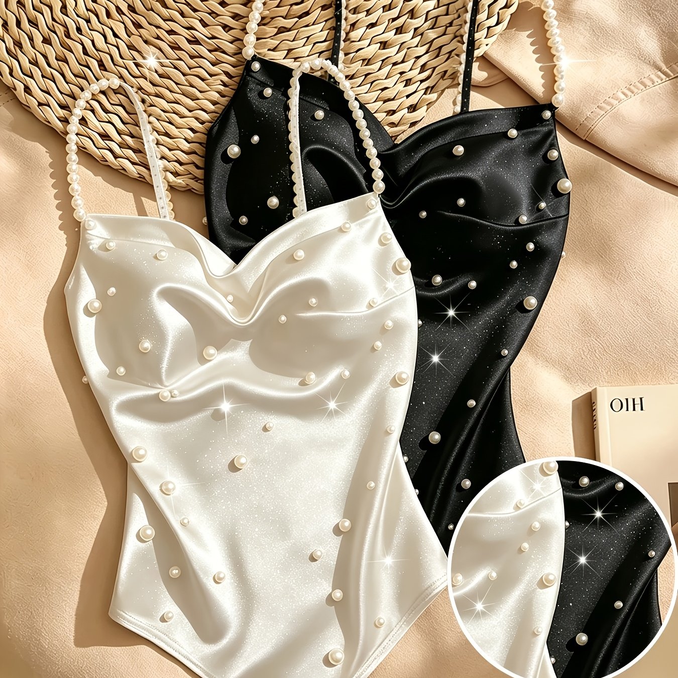 TEMU Elegant And Fashionable /summer Women'-color Satin Halter Neckline Heavy Beading Irregular Design Waist-cinching Slim-fit Casual Versatile