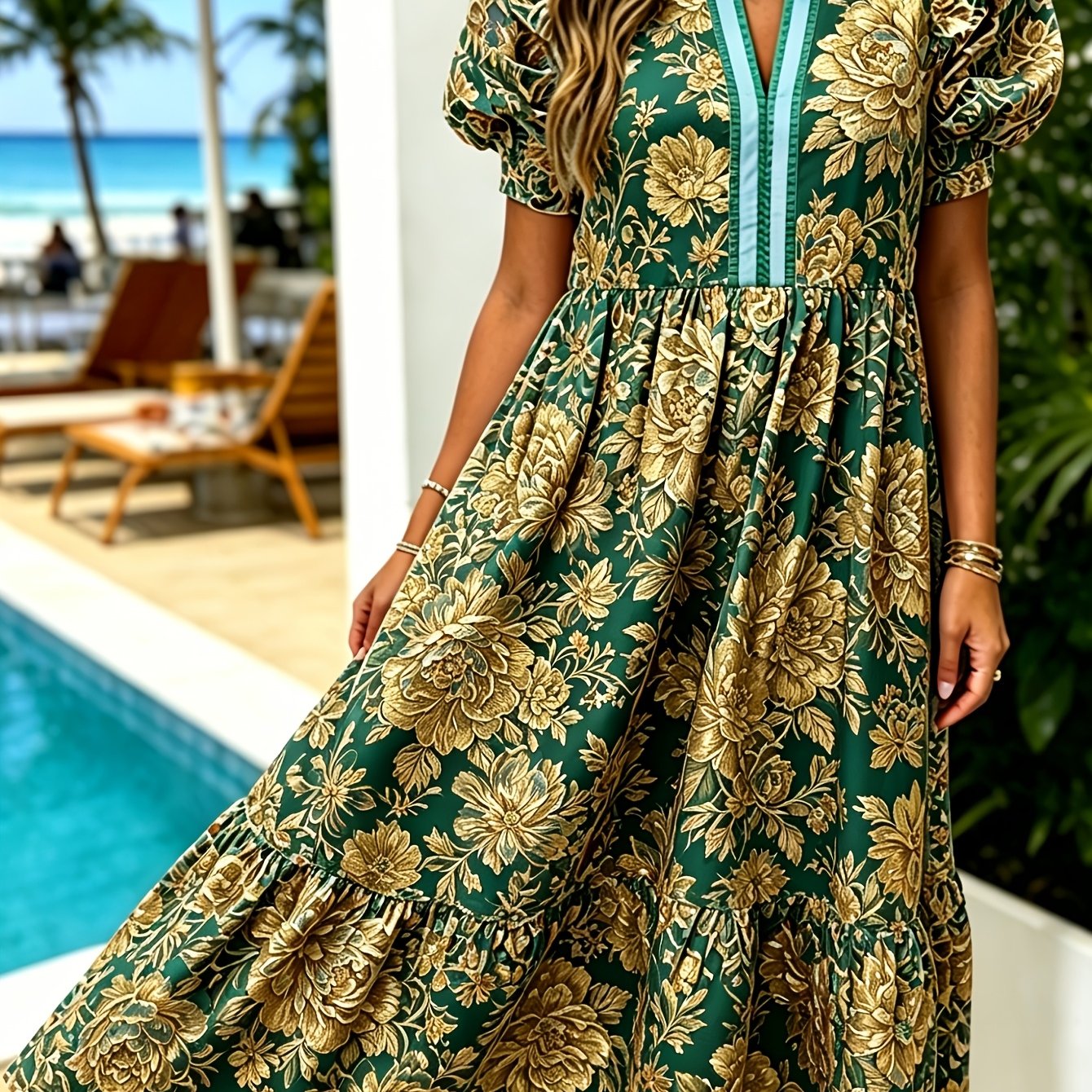Women's Puff Sleeve Dress Women's V-neck Dress Perfect For Parties, , Beach Vacations, Or Date Nights Green And Golden Floral Pattern Print Green Golden Floral